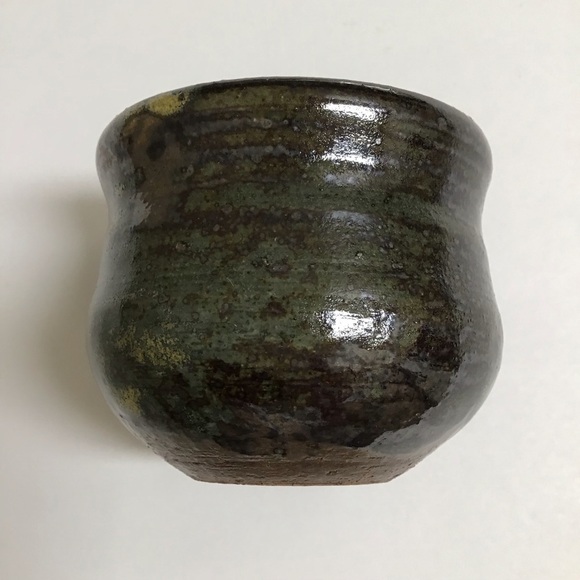 Studio Art Pottery Tea Bowl Sake Cup Handmade Green Glaze Brown Signed Vintage - Picture 6 of 16